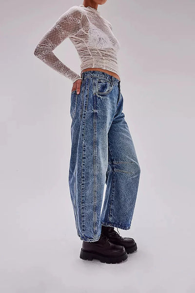 Midiross High Stretch Mid-Rise Barrel Jeans Fashion wide Leg Shape Women Casual Baggy Mid Waist Denim Jeans