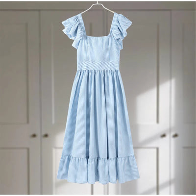 Ruffle Dress Women Fashion Backless A Line Slim Waist Striped Robe Female Flying Sleeves Buttons 2025 Summer Elegant Streetwear