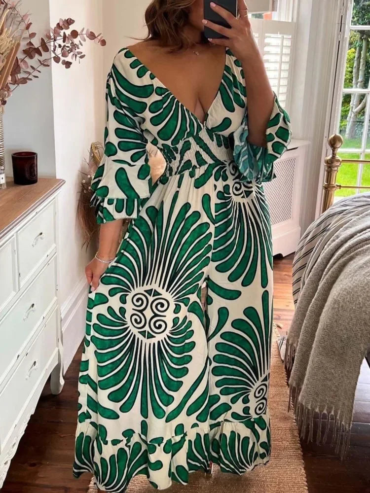 Fashion Print Jumpsuit Female Casual Deep V Neck Ruffles Three Quarter High Waist Wide Leg Pants Jumpsuits Women Summer Clothes
