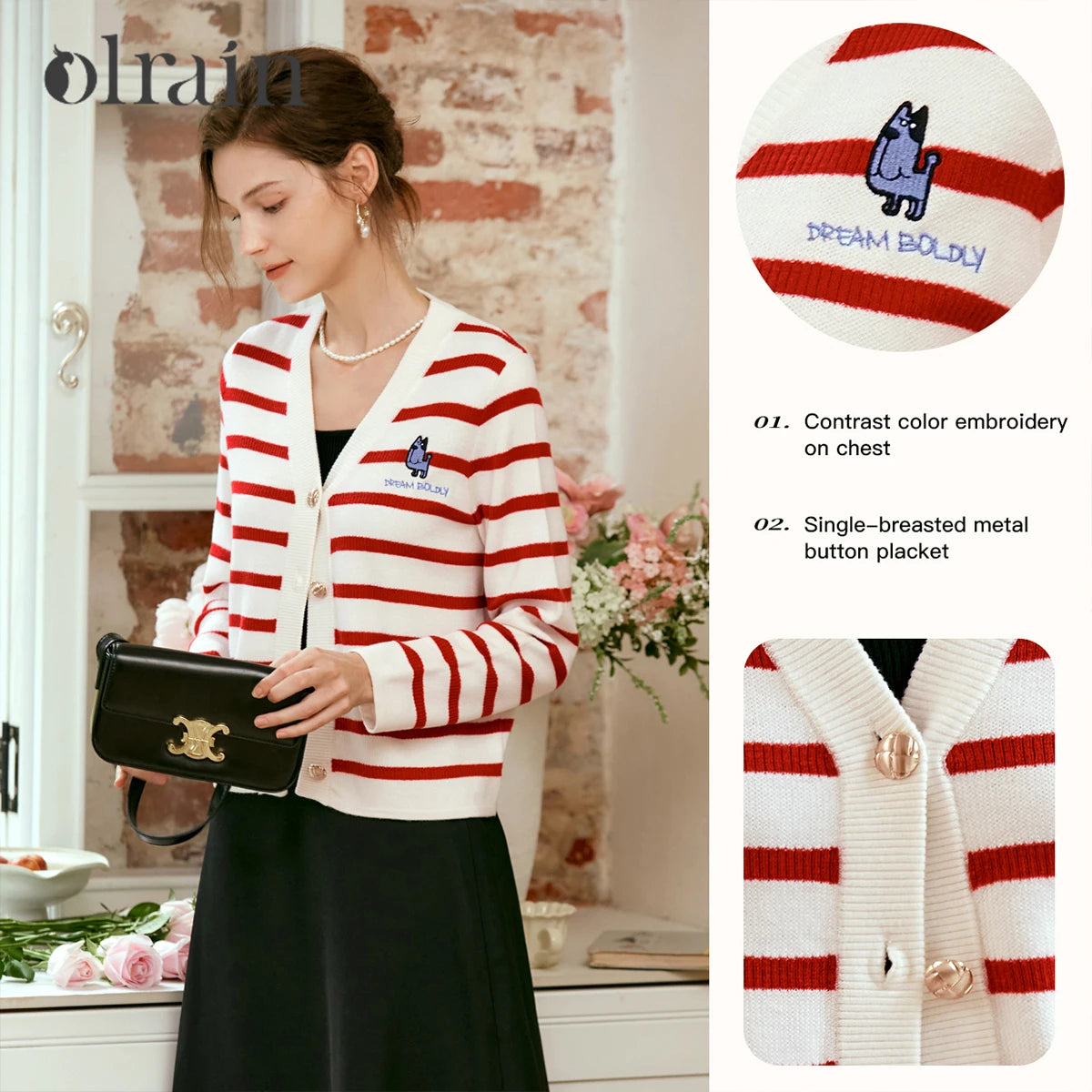OLrain Wool Blend Striped Cardigan Women 2025 Spring Commute Embroidery V Neck Long Sleeve Chic Button Knitwear M56QZ86390