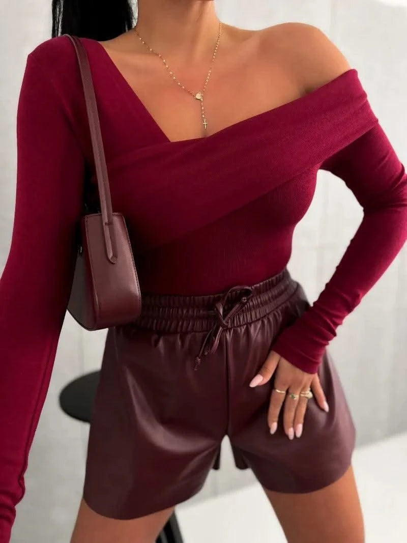 Black Sexy Tops Off Shoulder Long Sleeve T-shirt Women's