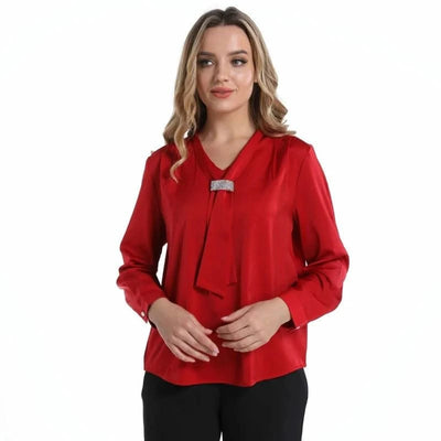 Red Women Blouse Ribbon Women Shirt Luxury Woman Top