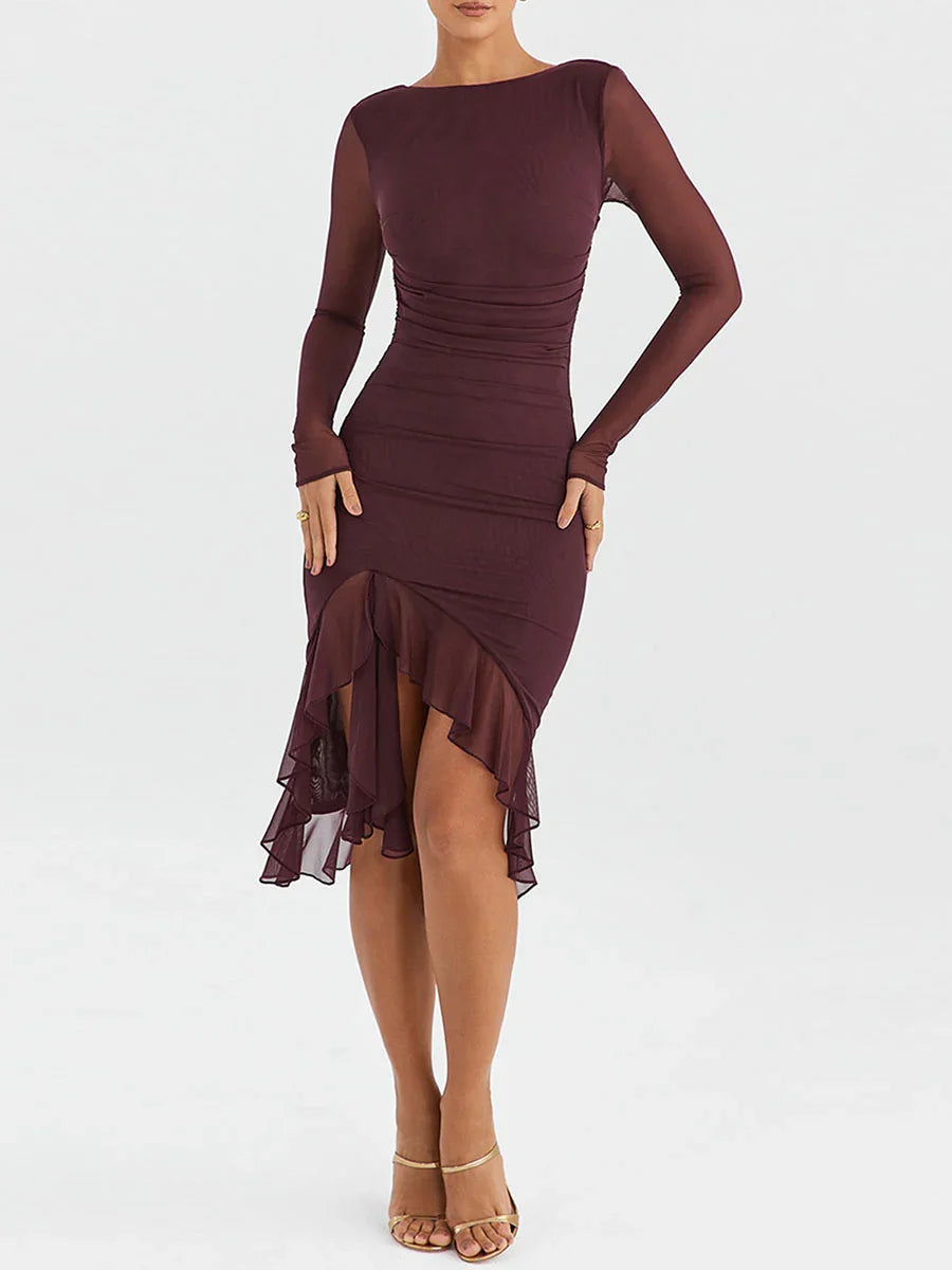 Women Midi Dress Long Sleeve Irregular Mesh Ruffles Mermaid Dress Sexy Backless Party Cocktail Dress