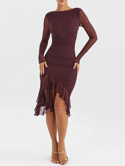Women Midi Dress Long Sleeve Irregular Mesh Ruffles Mermaid Dress Sexy Backless Party Cocktail Dress