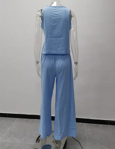 Women's New Cotton Linen Suit Summer Casual Sleeveless Round Neck Top Trousers Wide Leg Pants Two-piece Set For Women