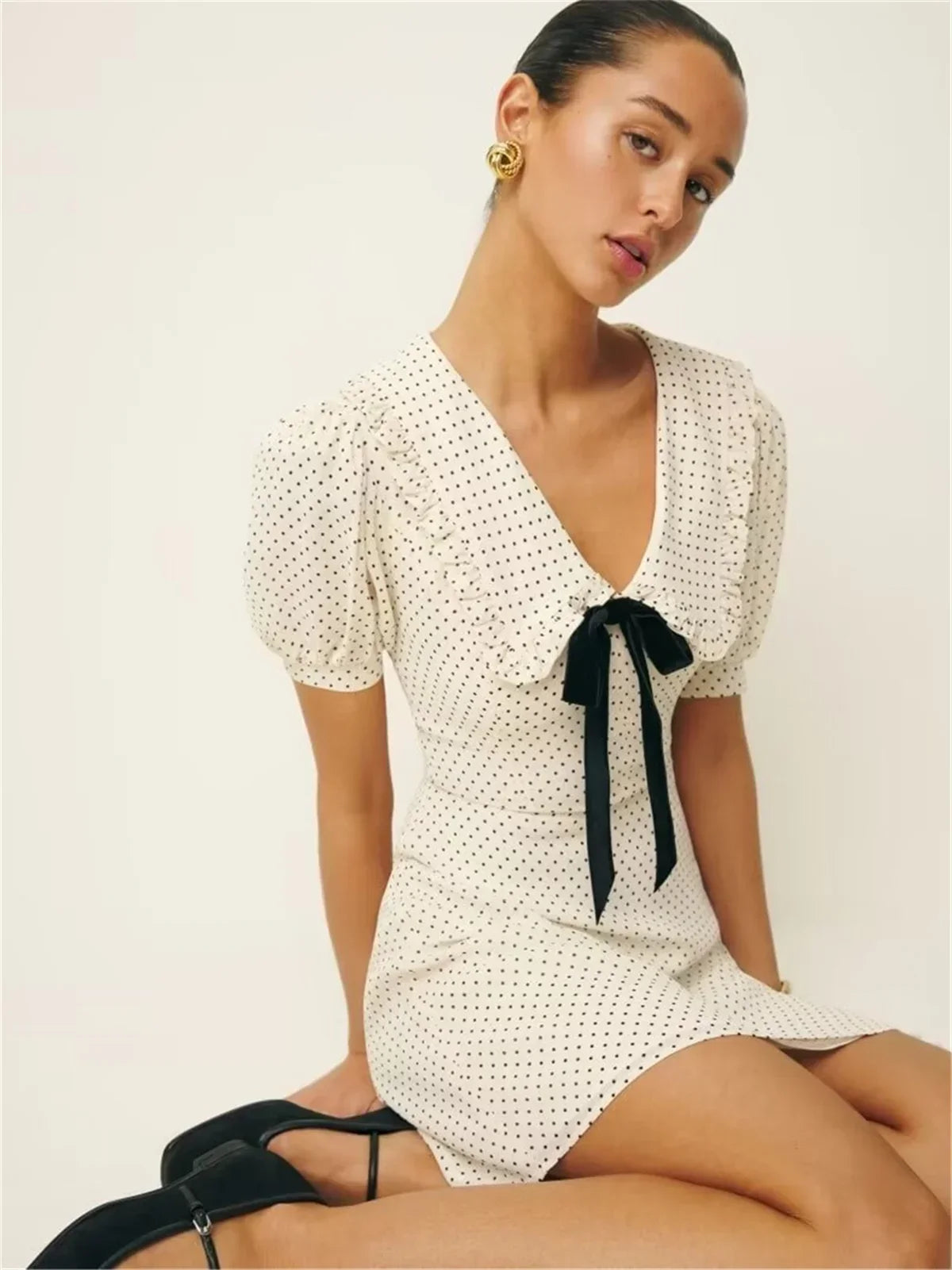 Luxury Dresses Women 2025 Summer Short Dress Sexy Frenchy Mini Dress Short Puff Sleeve Mini Dress With Bow Detail Dots Print