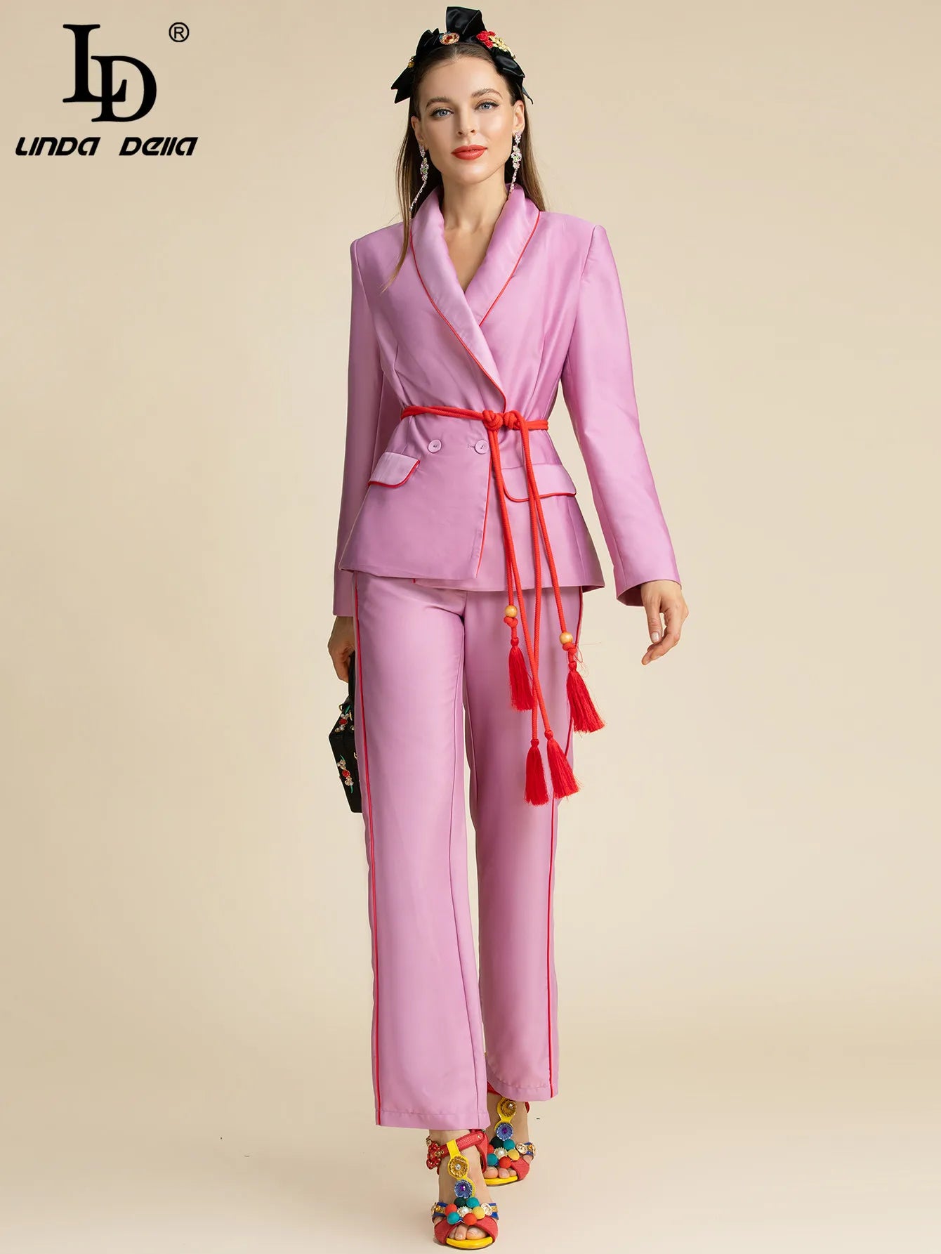 LD LINDA DELLA Fashion Designer Autumn Purple Pants Suit Women's Slim Long sleeve Belted Blazer and Pants Two Pieces Sets