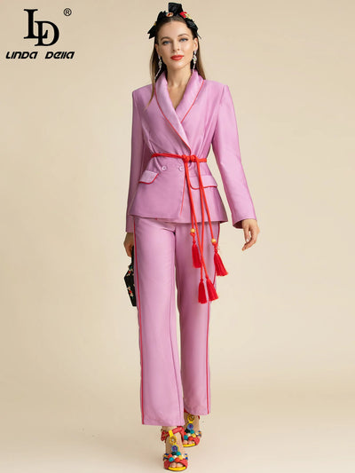 LD LINDA DELLA Fashion Designer Autumn Purple Pants Suit Women's Slim Long sleeve Belted Blazer and Pants Two Pieces Sets