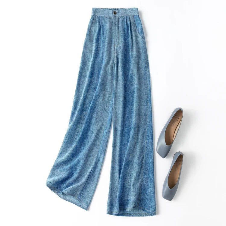 Women Pants 100% Mulberry Silk 16 momme Blue Jeans Printed Pocket Wide Leg Long Trousers Elastic Waist Office Lady M L XL MM858
