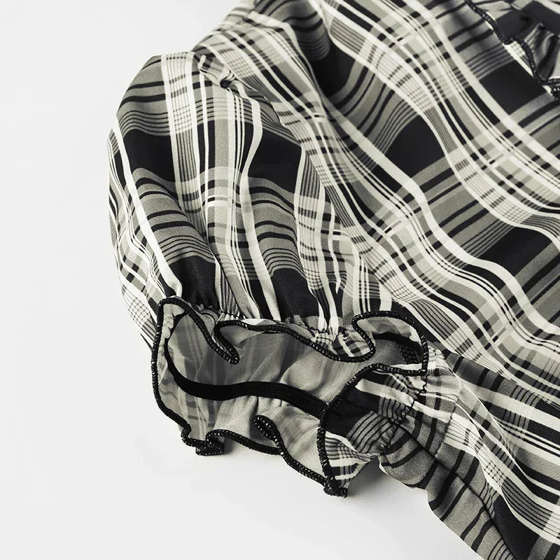 French Chic Ruffles Elegant Women T-Shirts Simple Fashion Slim Fit All-Match Plaid V-Neck Blouses