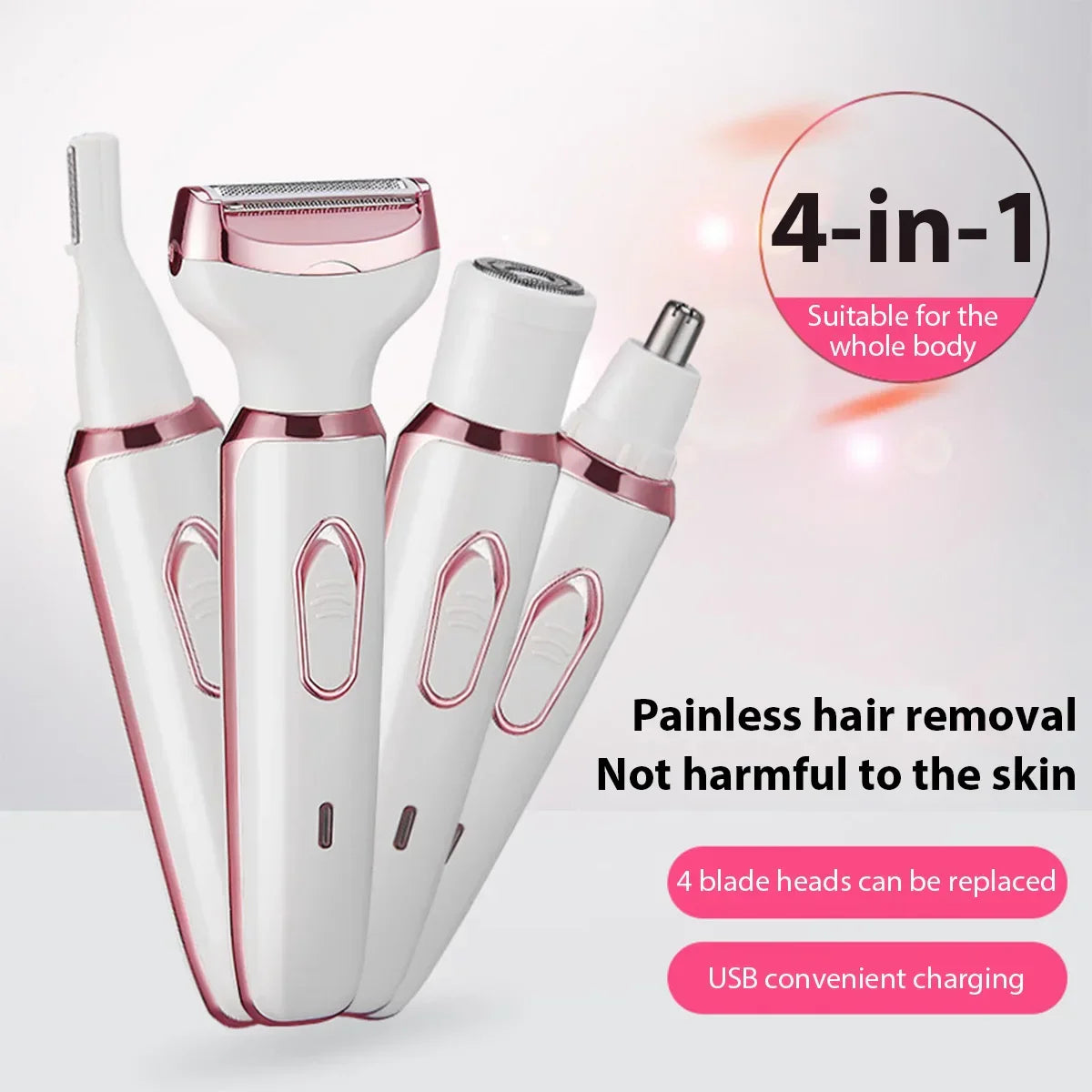 4in1 Electric Epilator Lady Shaver Body Arm Leg Hair Removal Device Painless Cordless Eyebrow Trimmer Women Razor USB Charging