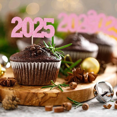 12pc Glitter 2025 Number Cupcake Toppers Happy New Year Party Cake Decoration Christmas Graduation Party Cake Toppers Home Items