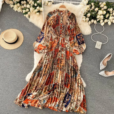 Retro Print Elegant Pleated Lace-up Chiffon Long Sleeve Dress A-line Blouse French Casual V-neck High Waist Women Summer Dresses