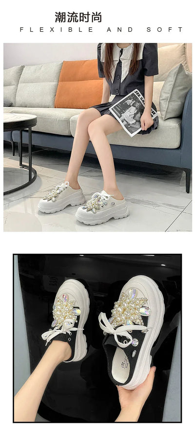 Spring New Women Sneakers Slipper Designer Platform Mules Flat Sandal Sweet Casual Lace Up Pearl Crystal Shallow Ladies Shoes