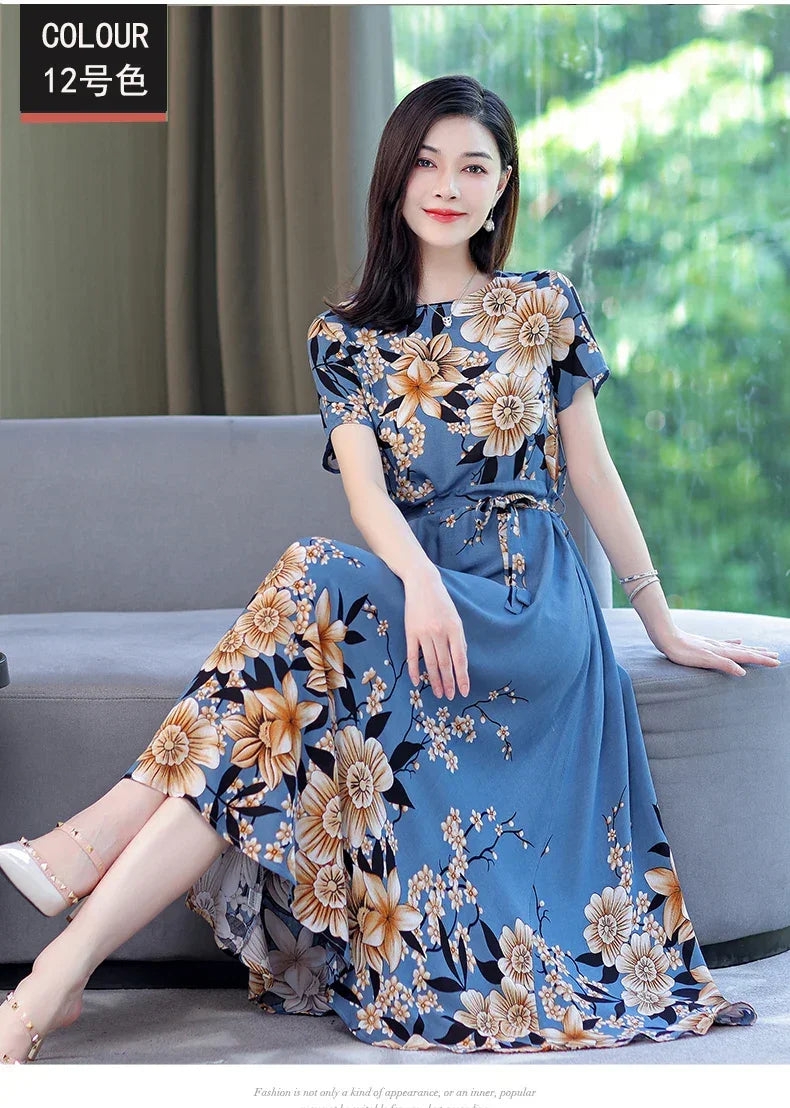 New Fashion 2024 Print Summer Dresses For Women Short Sleeve O-Neck Elegant Summer Dress Woman Clothing