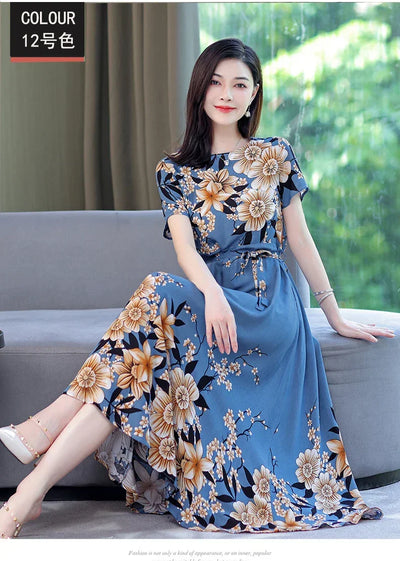 New Fashion 2024 Print Summer Dresses For Women Short Sleeve O-Neck Elegant Summer Dress Woman Clothing