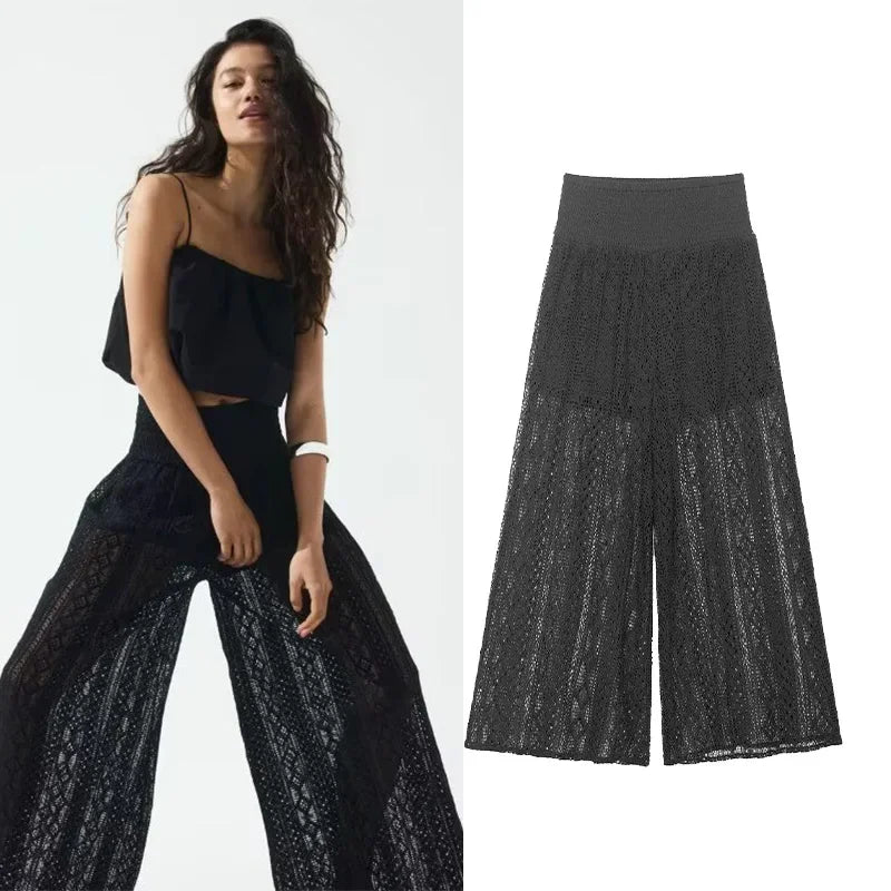 TRAF Women Lace Trousers Embroidery Hollow Out Simple Women's Pants Elastic Waist Loose Pants Female Wide Leg Pants
