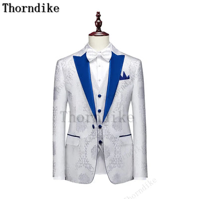 Thorndike Classic White Groom Tuxedo Groomsmen One Buttons Royal Blue Peaked Lapel Best Man Suit Wedding Men's Blazer Costume
