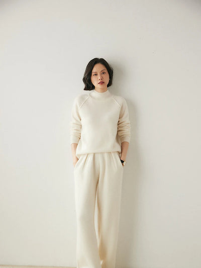 ADDONEE Women 100% Cashmere Pants Pleated Waist Wide Leg Pants Casual Simple Style Autumn Winter Cashmere Knit Trousers Luxury