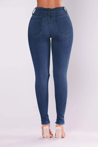 Europe and The United States New Fashion Elastic Ripped Pencil Jeans, Women's Spring and Autumn Slim-fit Small Leg Pants Jeans