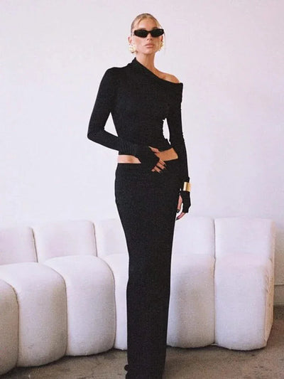 Ahagaga Sexy Club Women Tracksuits Solid Fashion Full Sleeve With Gloves Skew Collar Suit Sets Elegant 2 pieces (Tops+Skirts)