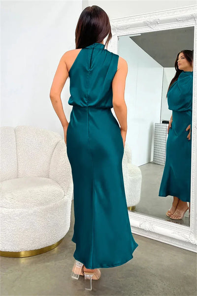 2025 Spring/Summer Long Dress for Women High Waist Halter Satin Sleeveless Dress Fashion Elegant Solid Evening Party Dresses