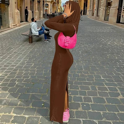 Hooded Long Dress For Women Y2k Clothes Sexy Streetwear Long Sleeve Bodycon Vestidos De Mujer Solid Robe Femme Été Back Split