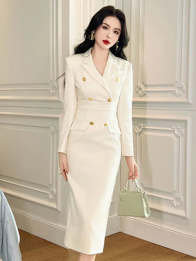 Fashion Elegant Midi Dress Women's Professional Business Style Long Sleeve Double Breasted Slit Robe Office Lady Work Vestidos