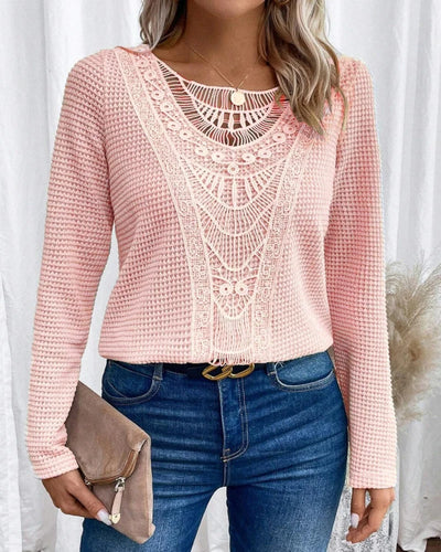 Solid Crew Neck Cut Out T-Shirt Elegant Ribbed Long Sleeve Contrast Lace T-Shirt For Fall & Winter Women's Clothing