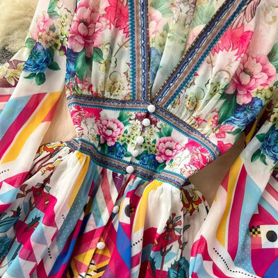 Summer Gorgeous Flower Dress Women Chiffon Clothing Sexy Deep V Neck Single Breasted Floral Print Beach Boho Long Robe Vestidos