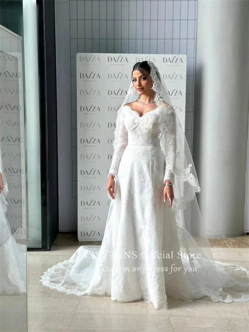 V Neck Wedding Dresses Lace Long Sleeves Queen Bride Gown