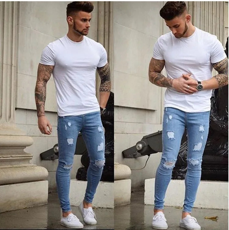 Men Jeans Denim Pencil Pants Distressed Mid Waist Sheath Ankle Length Zipper Fly Pockets Slim Washing High Street 2024