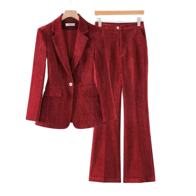 Burgundy Women's Blazer And Pants Suit Velvet Fall Winter Outfits For Women Long Sleeve Jacket 2 PCS Womens Clothing