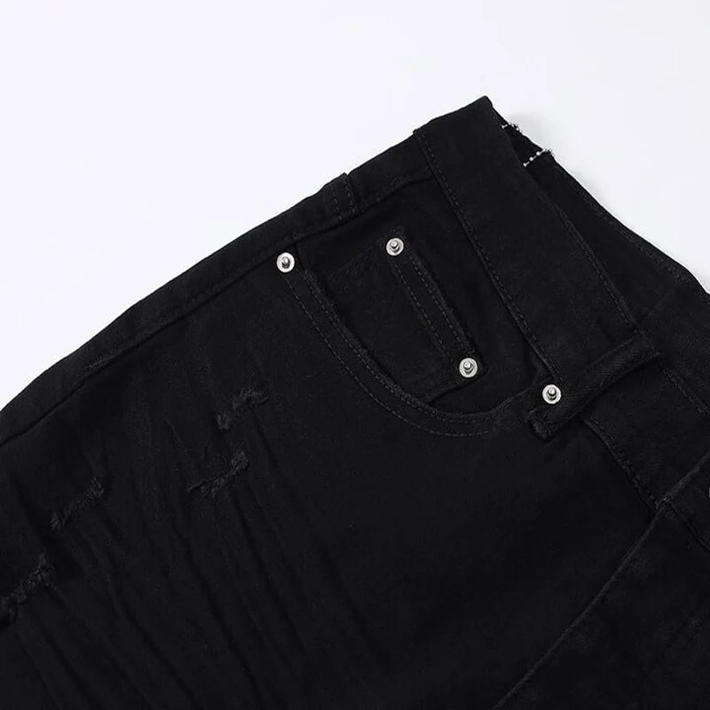 Fashion Designer Men Jeans High Quality Black Stretch Skinny Fit Leather Patched Ripped Jeans Men Y2K Brand Hip Hop Denim Pants