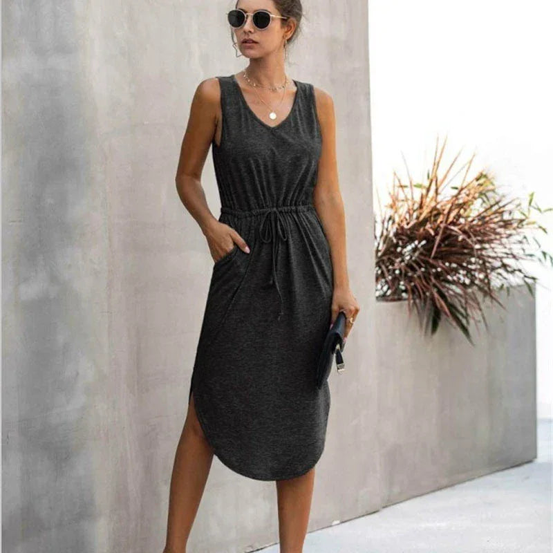 Summer Sleeveless Baumwolle Casual Women Midi V-Neck Solid Tank Dress