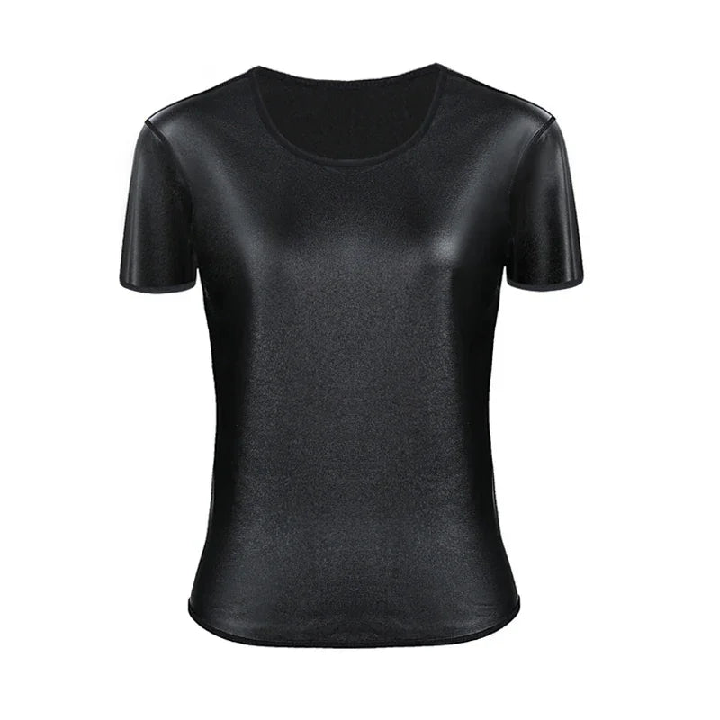 Women Stand collar Leather Long Sleeves Shirt Motorcycle Biker tops Body Shaper Waist Trainer Slim Tshirt Fashion Shapewear tops