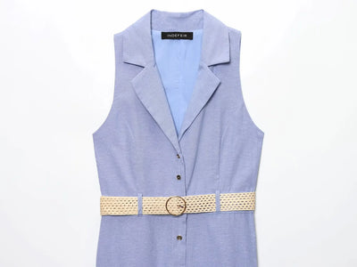 Women's Midi Dresses New Summer 2025 Blue Sleeveless Blend Midi Dress Belt Linen Blended Midi Dress Casual V Neck Dress