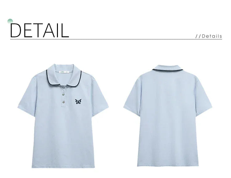 I BELIEVE YOU Blue Polo Collar T-shirt Top for Women Summer 2025 Butterfly Embroidered Breathable Short Sleeve Tees 2252015969