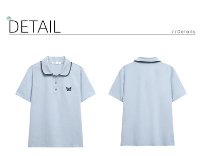 I BELIEVE YOU Blue Polo Collar T-shirt Top for Women Summer 2025 Butterfly Embroidered Breathable Short Sleeve Tees 2252015969