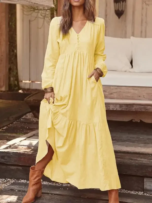 Women's Dress 2025 Spring and Summer Women's Button Cotton and Linen Retro Casual Long Sleeve Dress Large Hem Long Skirt