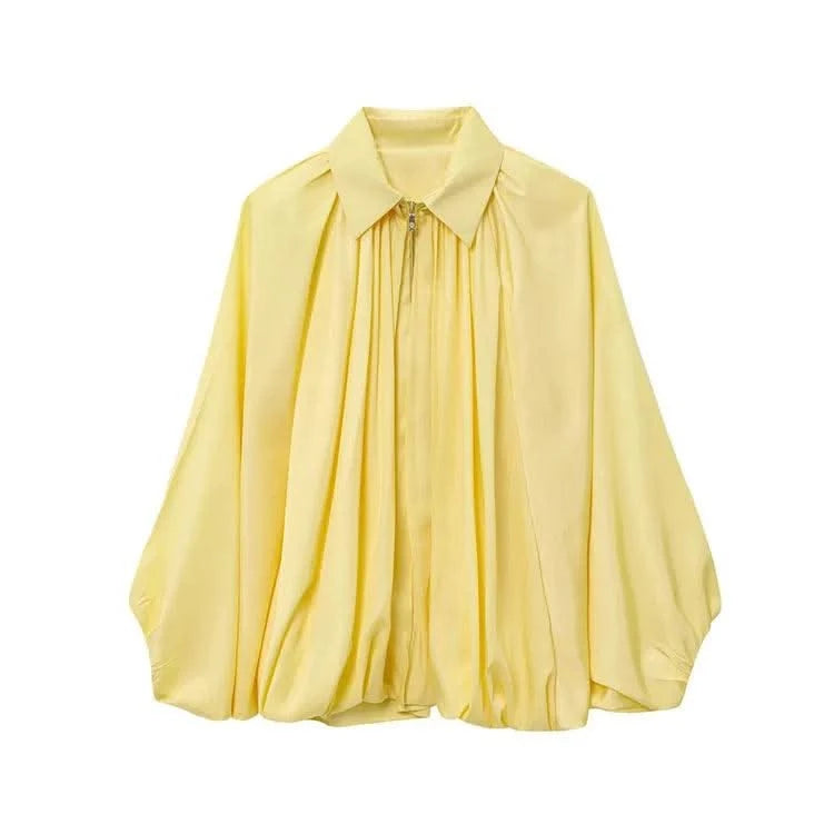 HipSeam Satin Bomber Jacket Women Casual Pleated Zipper Jackets