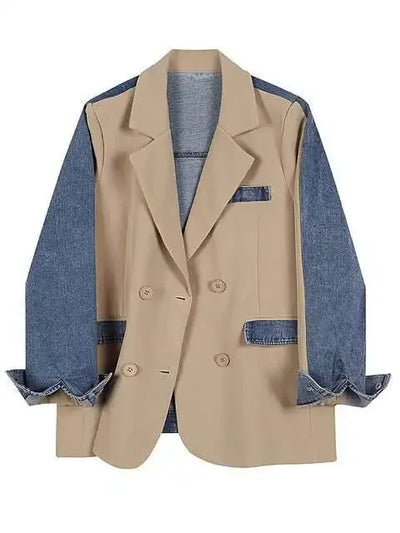 DEAT Women's Blazer Notched Collar Patchwork Denim Long Sleeve Khaki Long Sleeve Suit Coat  2024 Summer New Fashion  29L1530