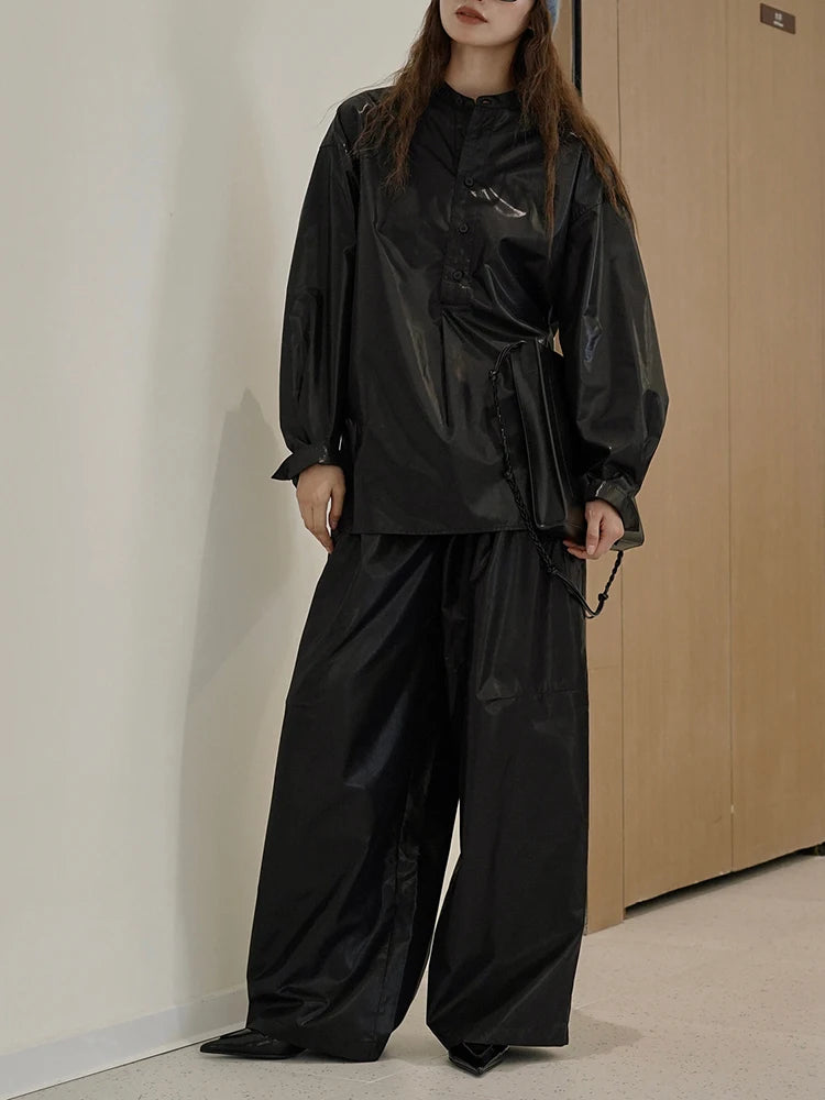 High Waist Black Glossy Casual Long Wide Leg Pants New Loose Fit Trousers Women Fashion Tide Spring Autumn 2025