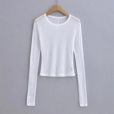 Women Crew Neck Fitted Long Sleeve Semi Sheer T-shirt