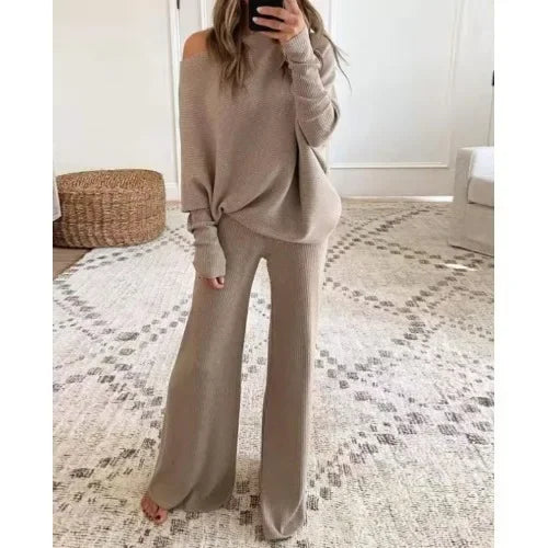 Autumn Winter Fashion 2pcs Suits 2024 Women Outfits Slanted Neck Off Shoulder Top Wide Leg Pants Two-piece Set Women Tracksuits