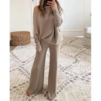 Autumn Winter Fashion 2pcs Suits 2024 Women Outfits Slanted Neck Off Shoulder Top Wide Leg Pants Two-piece Set Women Tracksuits