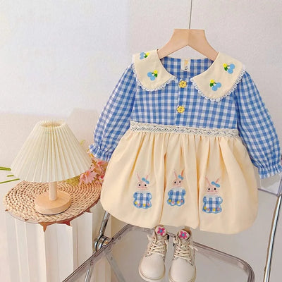 Rabbit Embroidery Cherry Lace Checkered  Peter Pan Collar Dress For Toddler |Girl  1-4Y Infant Girl Princess Dress|New Arrival