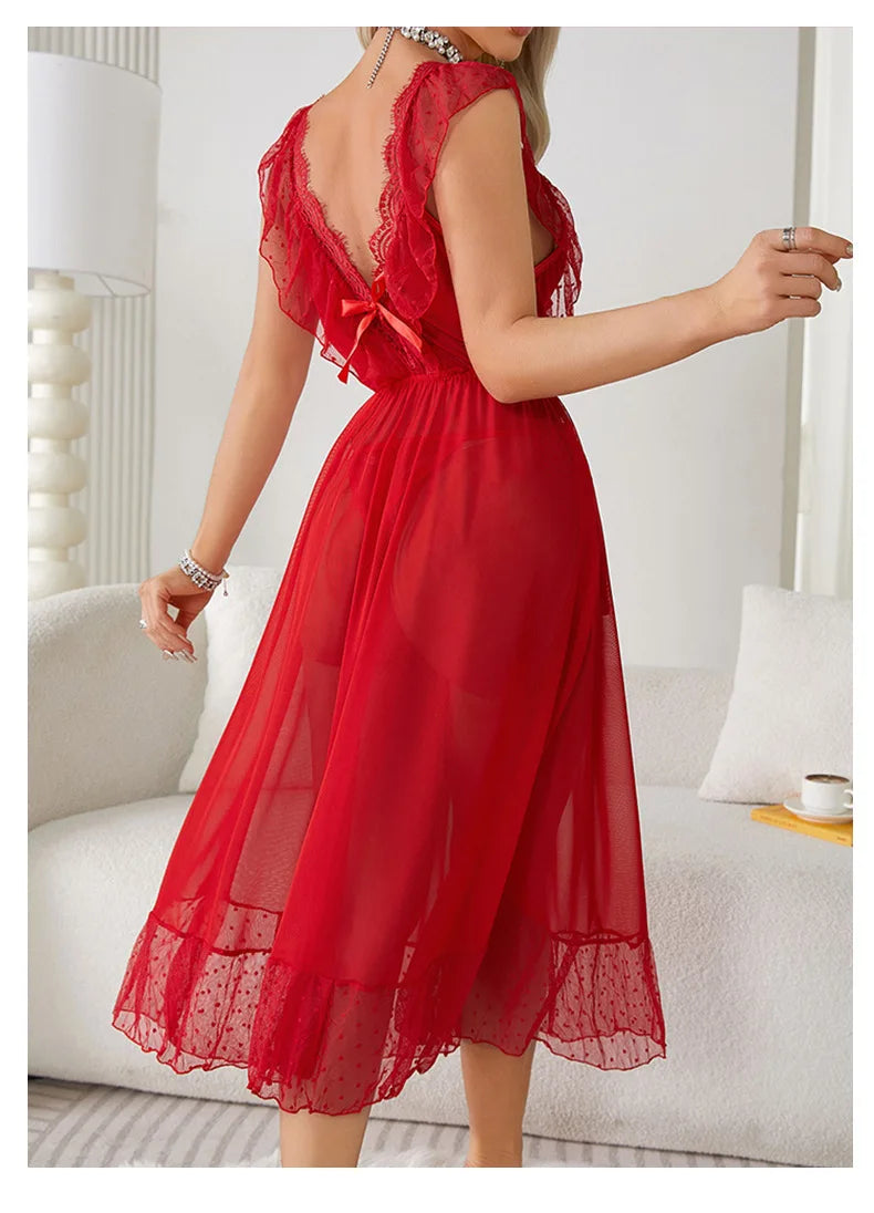 Women's Sexy Lingerie Nightgown Semi Sheer Babydoll Sleepwear Dress With Polka Dots Bow Knot Decor Summer Mesh V-Neck Loungewear