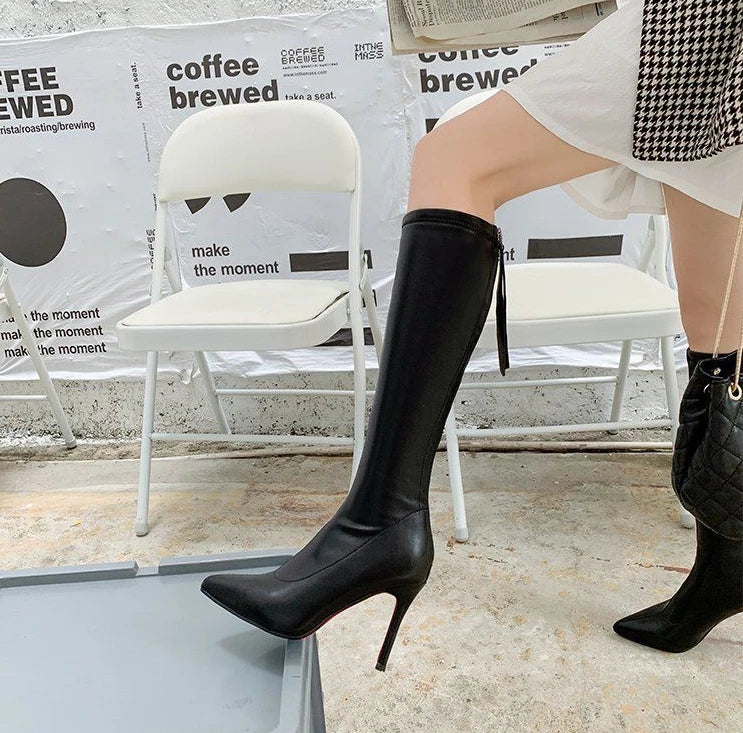 Women's Boots Elegant Heeled Long Footwear Winter Knee High Shaft Heels Shoes for Woman Pointed Toe Tassel Chic Fashion 2024 Hot