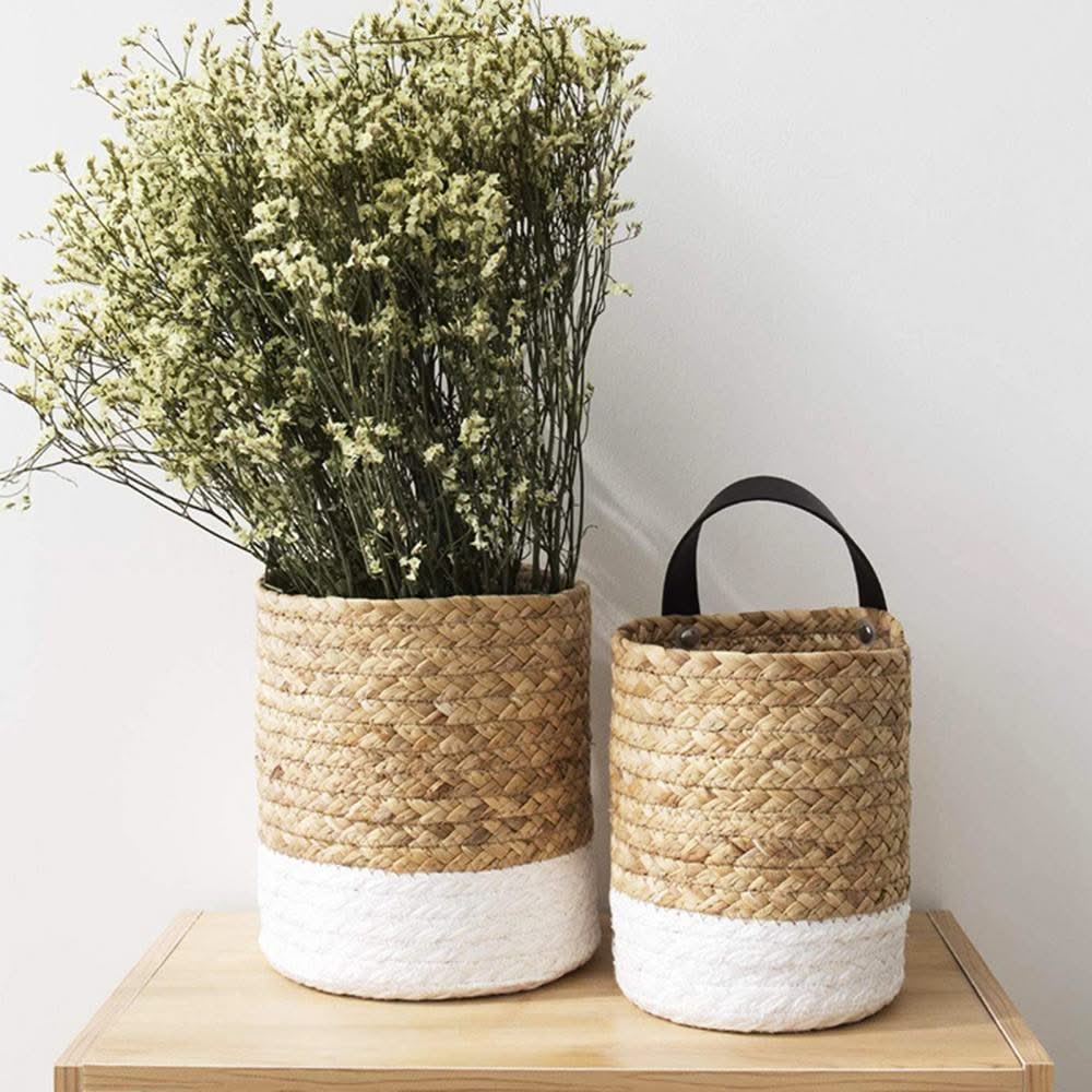 Garden Plant Flower Pot Handmade Rattan Storage Basket Foldable Seagrass Straw Hanging Woven Handle Toy Storage Container 1Pc
